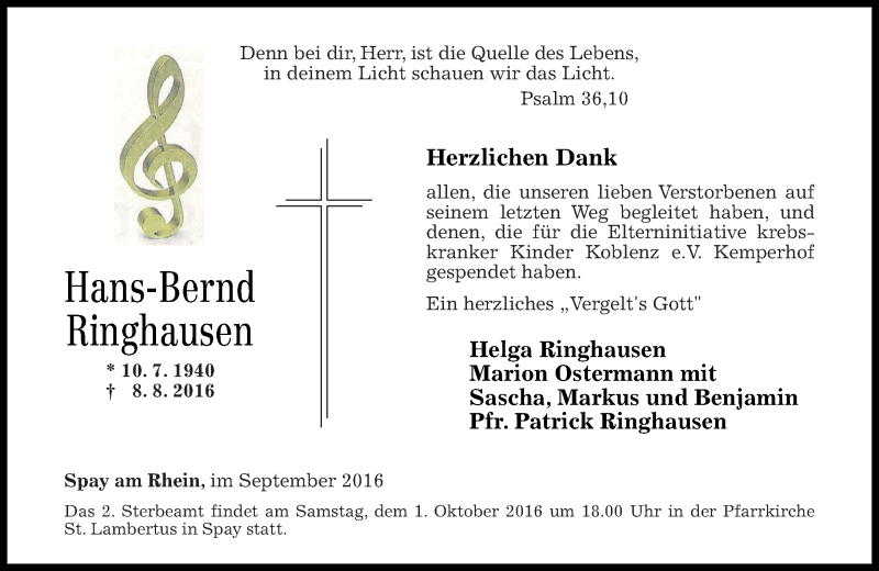  Traueranzeige für Hans-Bernd Ringhausen vom 10.09.2016 aus Rhein-Zeitung