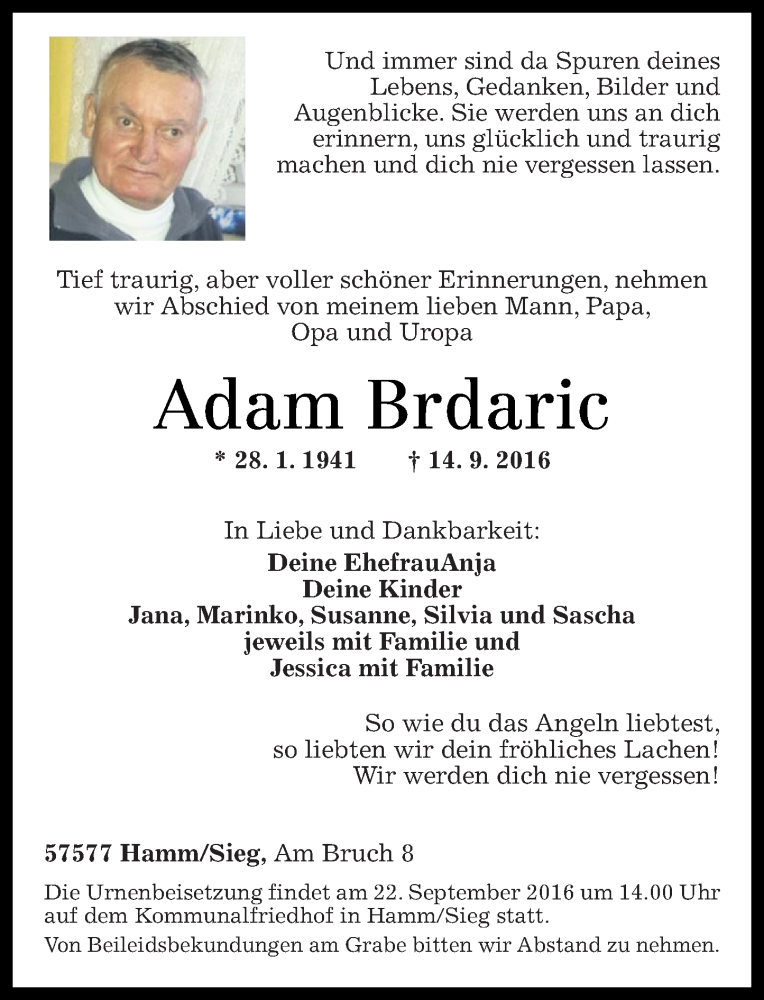  Traueranzeige für Adam Brdaric vom 20.09.2016 aus Rhein-Zeitung