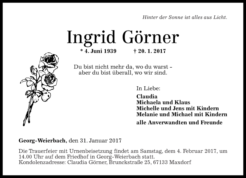  Traueranzeige für Ingrid Görner vom 31.01.2017 aus Rhein-Zeitung