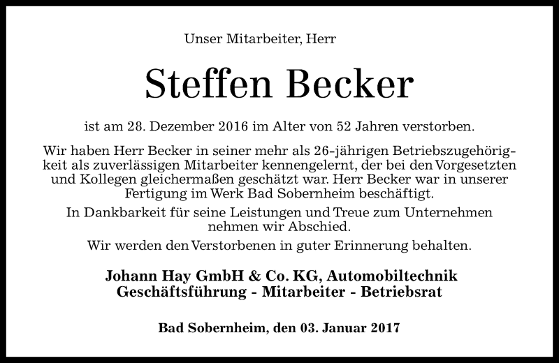  Traueranzeige für Steffen Becker vom 03.01.2017 aus Oeffentlicher Anzeiger