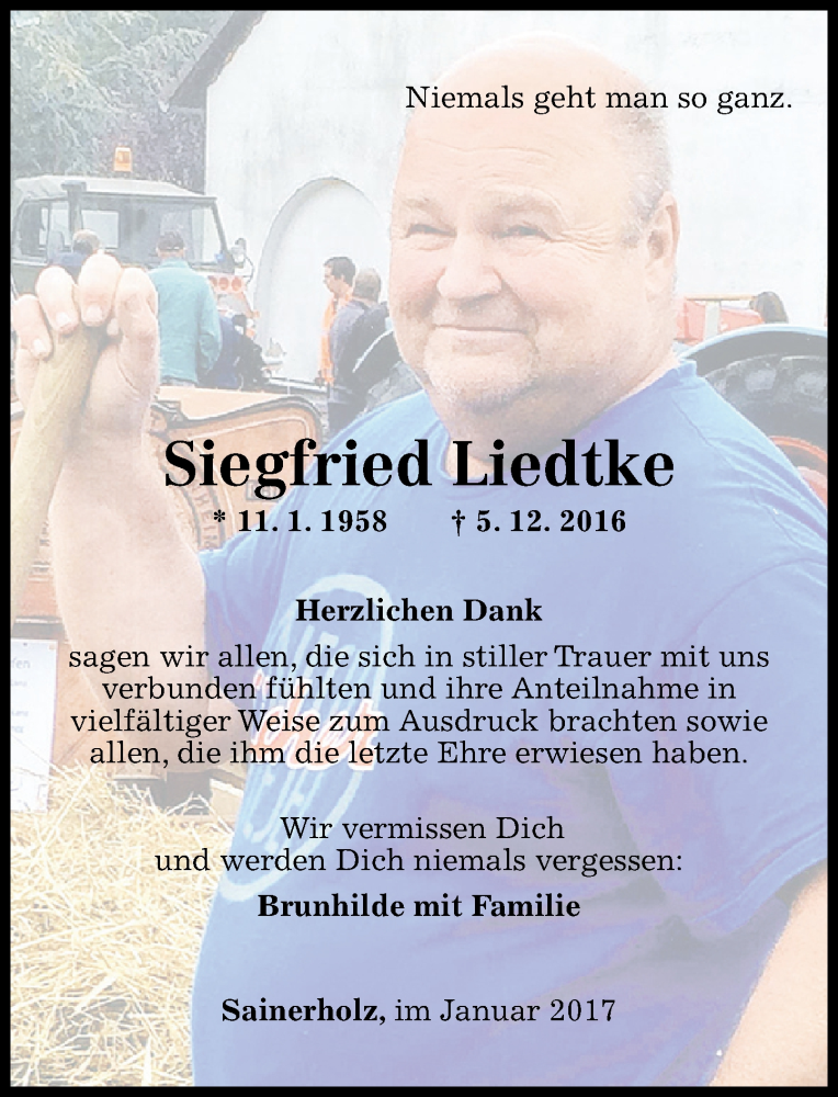  Traueranzeige für Siegfried Liedtke vom 14.01.2017 aus Westerwälder Zeitung