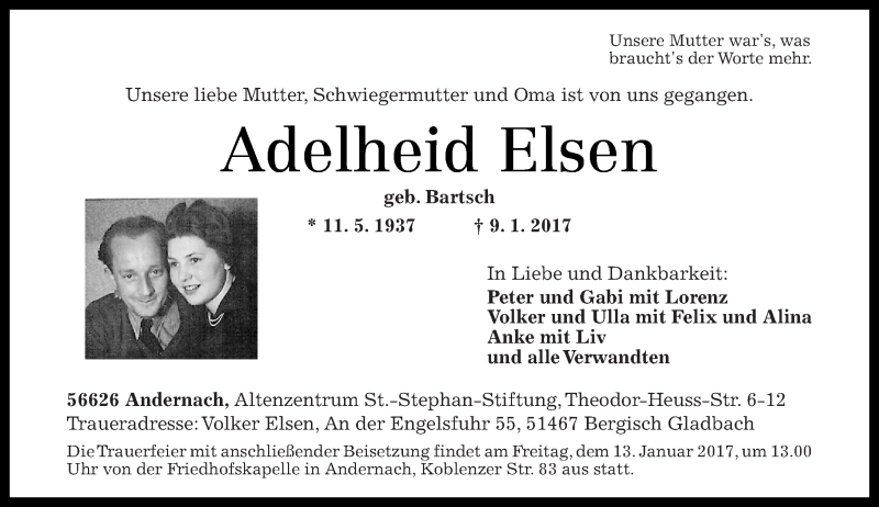  Traueranzeige für Adelheid Elsen vom 11.01.2017 aus Rhein-Zeitung