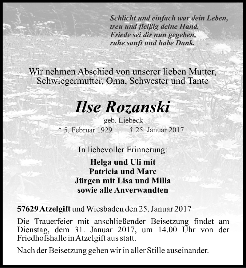  Traueranzeige für Ilse Rozanski vom 28.01.2017 aus Rhein-Zeitung