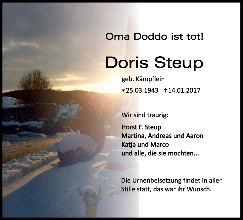  Traueranzeige für Doris Steup vom 19.01.2017 aus Westerwälder Zeitung