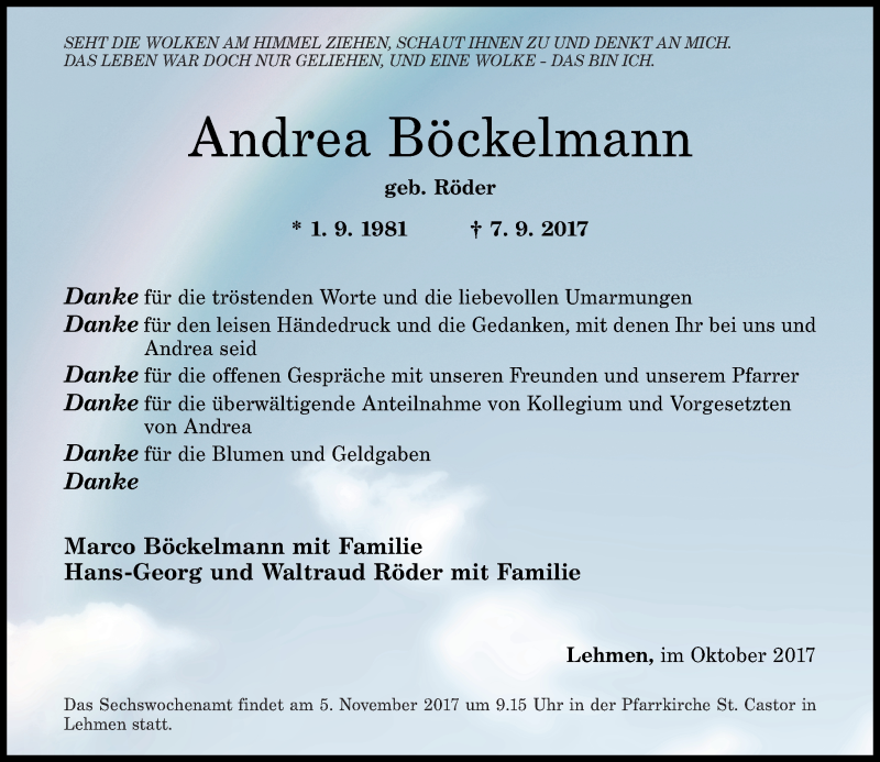  Traueranzeige für Andrea Böckelmann vom 21.10.2017 aus Rhein-Zeitung