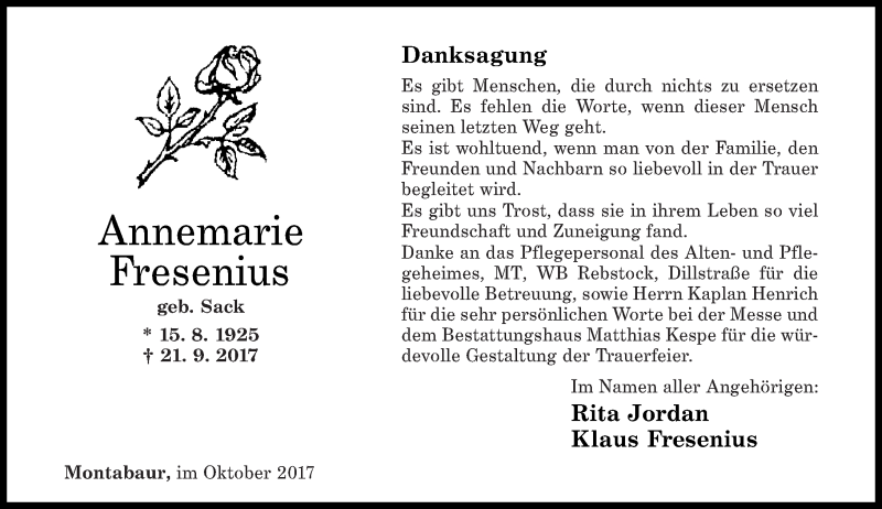  Traueranzeige für Annemarie Fresenius vom 14.10.2017 aus Westerwälder Zeitung