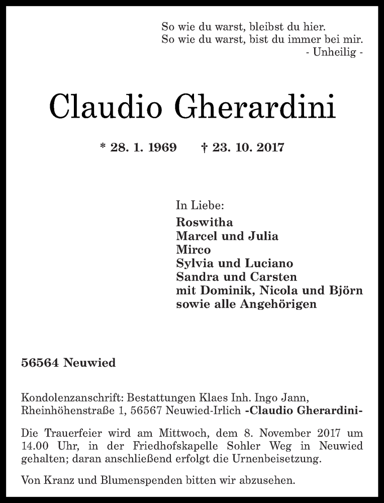  Traueranzeige für Claudio Gherardini vom 28.10.2017 aus Rhein-Zeitung