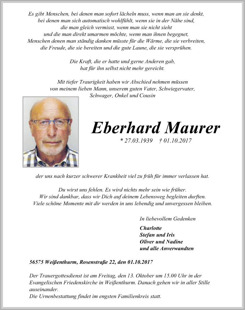 Traueranzeige für Eberhard Maurer vom 07.10.2017 aus Rhein-Zeitung