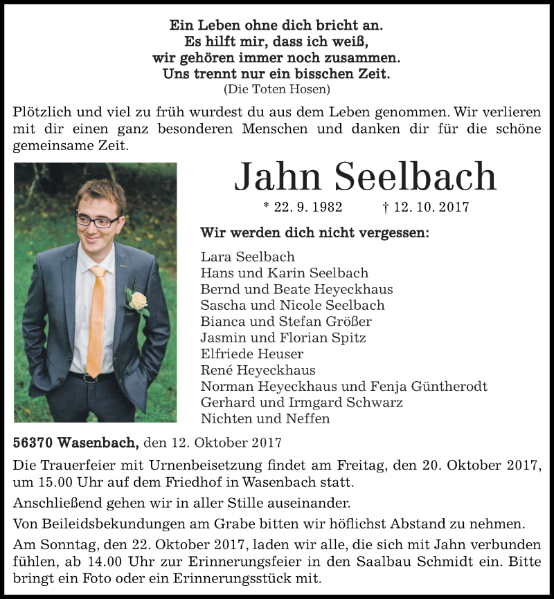  Traueranzeige für Jahn Seelbach vom 18.10.2017 aus Rhein-Lahn-Zeitung