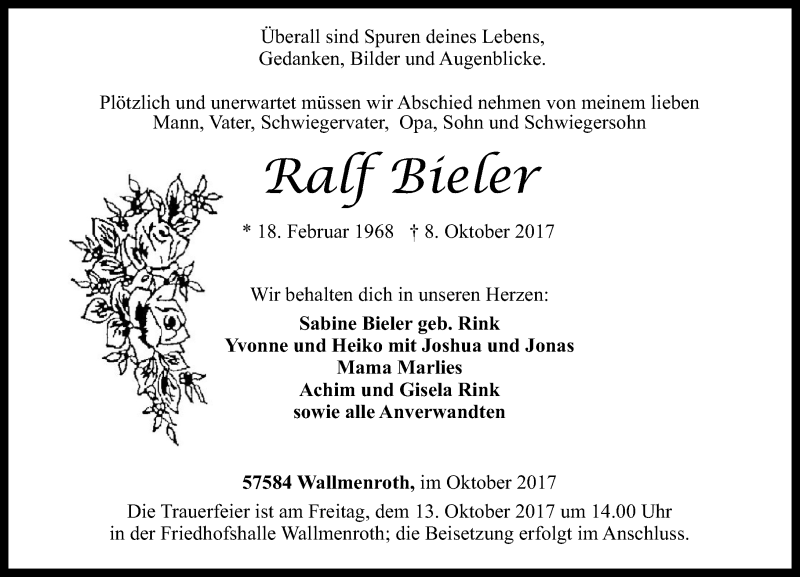  Traueranzeige für Ralf Bieler vom 12.10.2017 aus Rhein-Zeitung