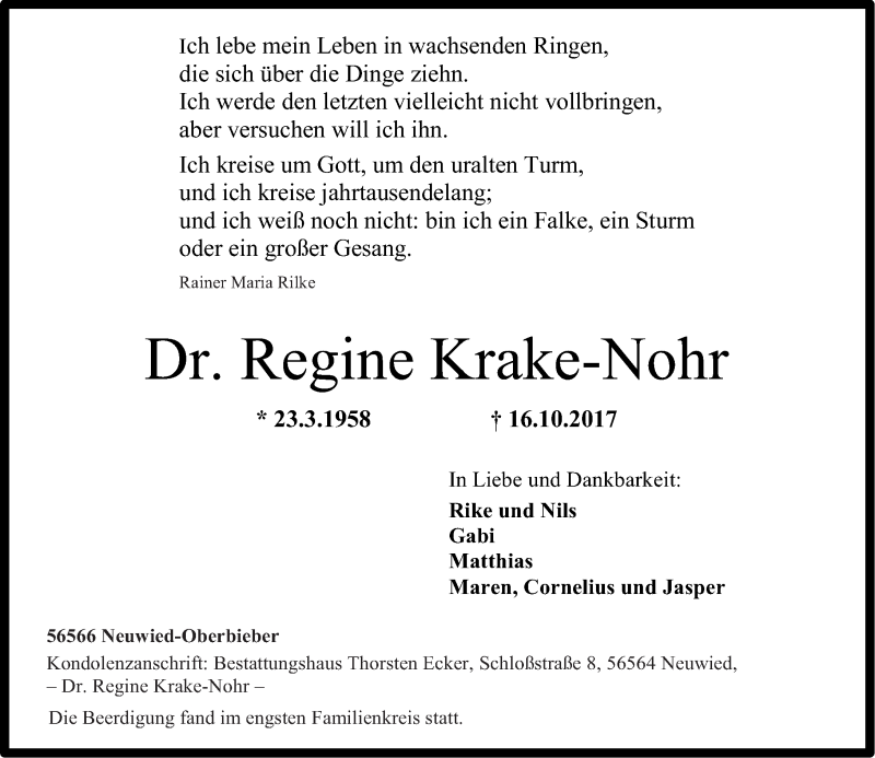  Traueranzeige für Regine Krake-Nohr vom 21.10.2017 aus Rhein-Zeitung