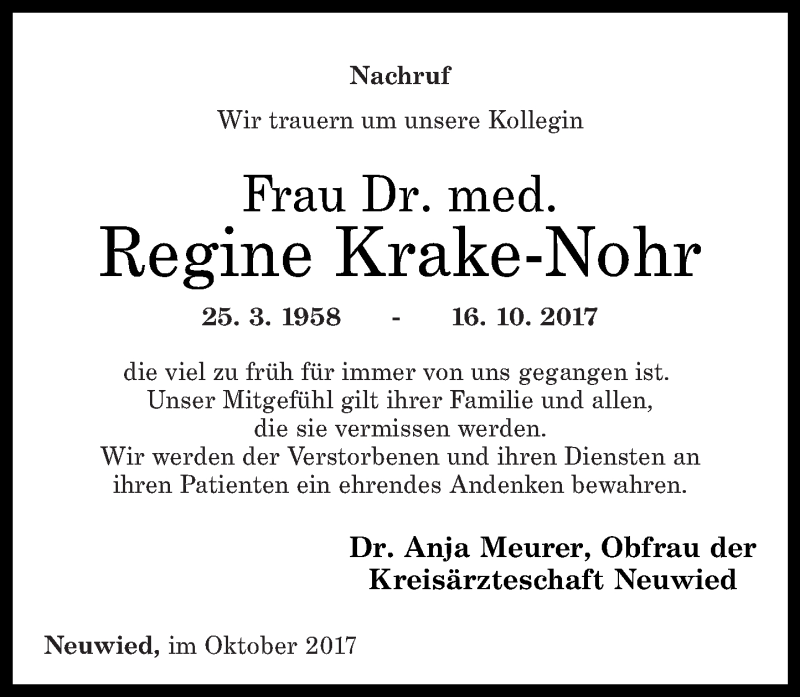  Traueranzeige für Regine Krake-Nohr vom 28.10.2017 aus Rhein-Zeitung