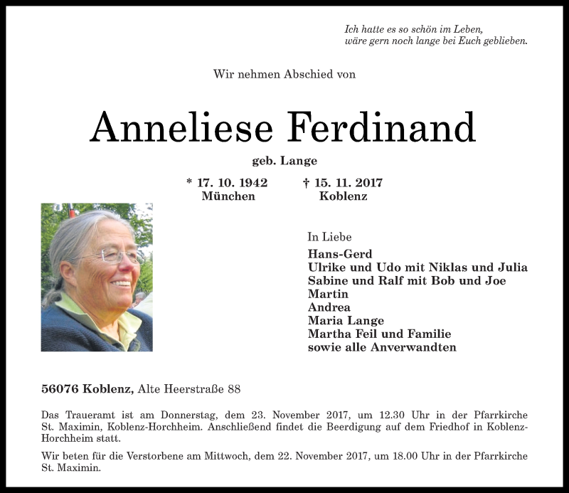  Traueranzeige für Anneliese Ferdinand vom 18.11.2017 aus Rhein-Zeitung