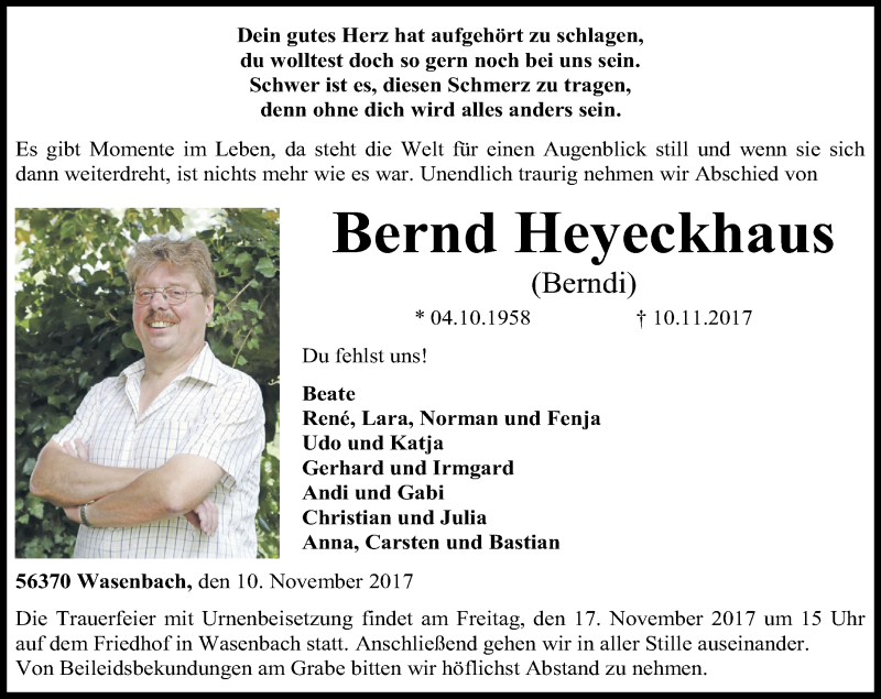  Traueranzeige für Bernd Heyeckhaus vom 15.11.2017 aus Rhein-Lahn-Zeitung