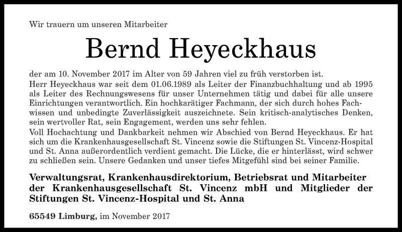  Traueranzeige für Bernd Heyeckhaus vom 16.11.2017 aus Rhein-Lahn-Zeitung