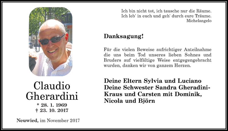  Traueranzeige für Claudio Gherardini vom 18.11.2017 aus Rhein-Zeitung