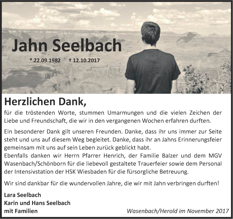  Traueranzeige für Jahn Seelbach vom 27.11.2017 aus Rhein-Lahn-Zeitung