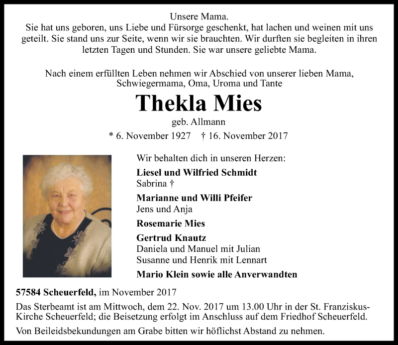  Traueranzeige für Thekla Mies vom 18.11.2017 aus Rhein-Zeitung