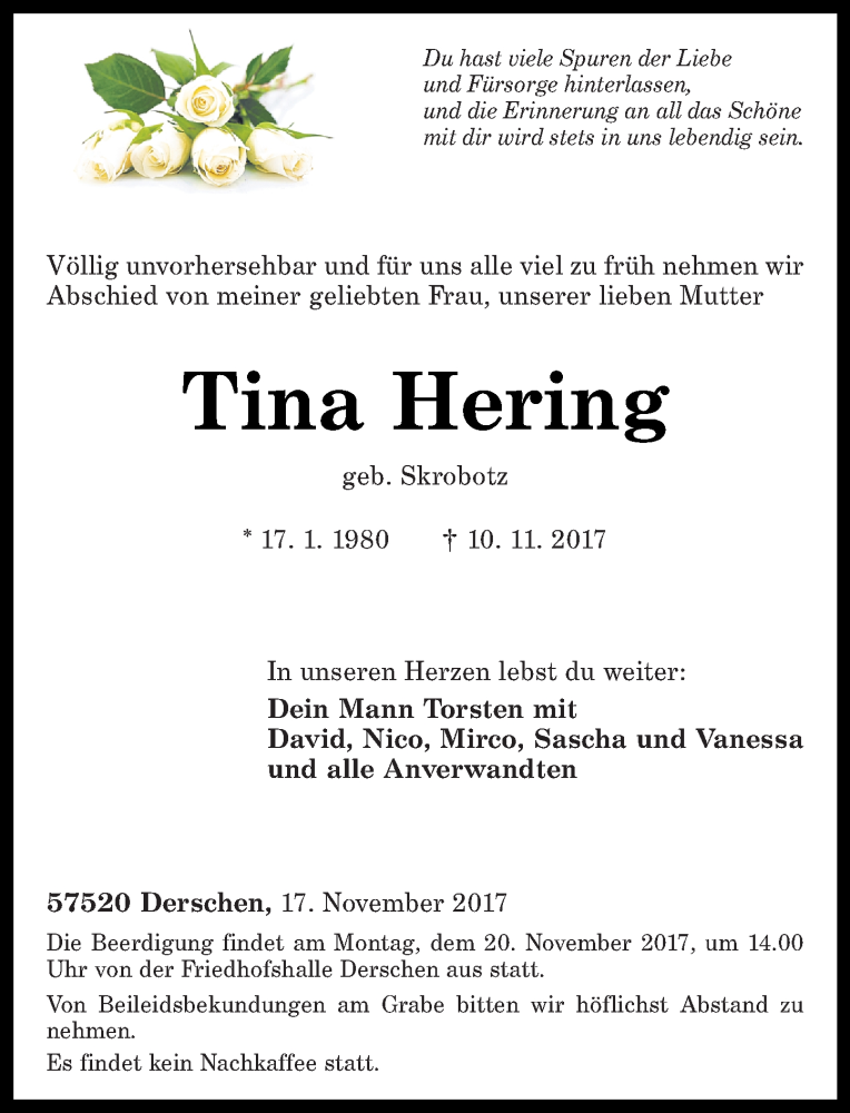  Traueranzeige für Tina Hering vom 17.11.2017 aus Rhein-Zeitung