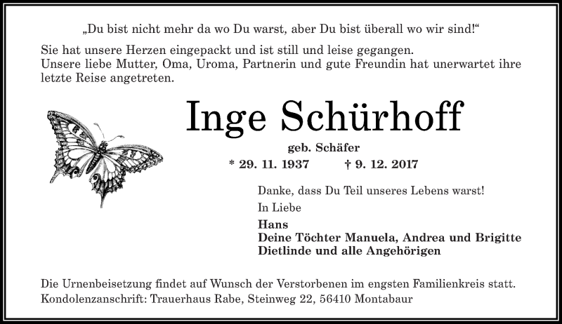  Traueranzeige für Inge Schürhoff vom 20.12.2017 aus Westerwälder Zeitung