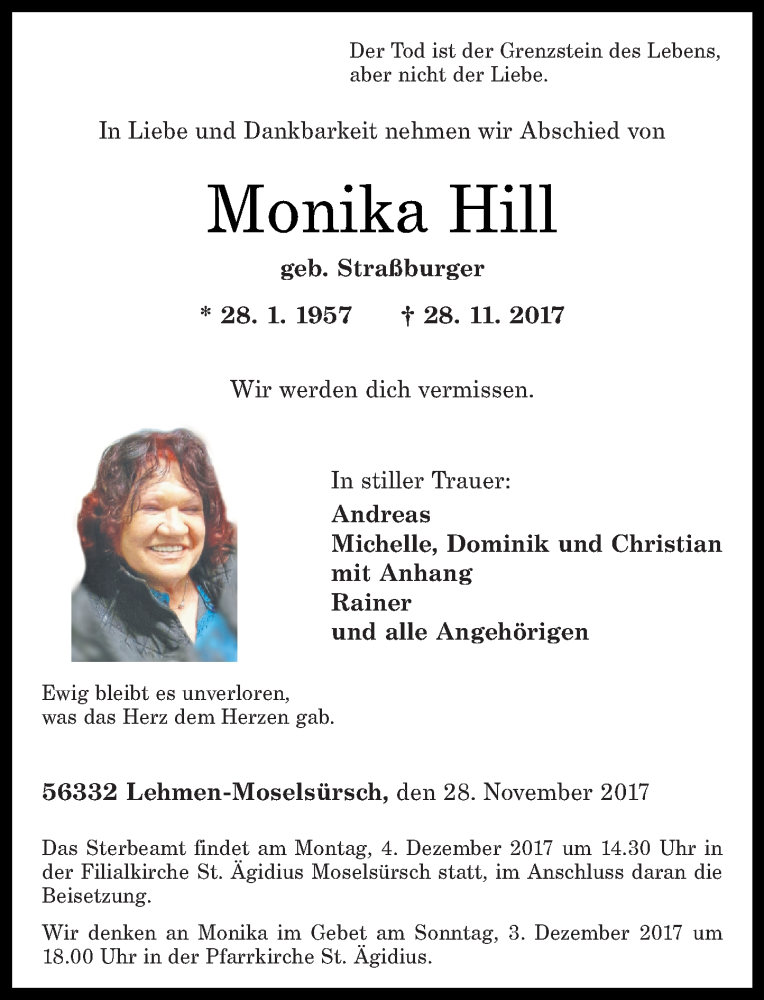  Traueranzeige für Monika Hill vom 02.12.2017 aus Rhein-Zeitung