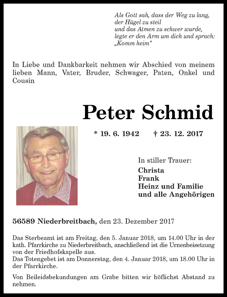  Traueranzeige für Peter Schmid vom 30.12.2017 aus Rhein-Zeitung