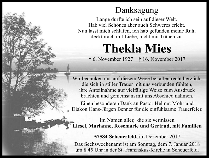  Traueranzeige für Thekla Mies vom 30.12.2017 aus Rhein-Zeitung