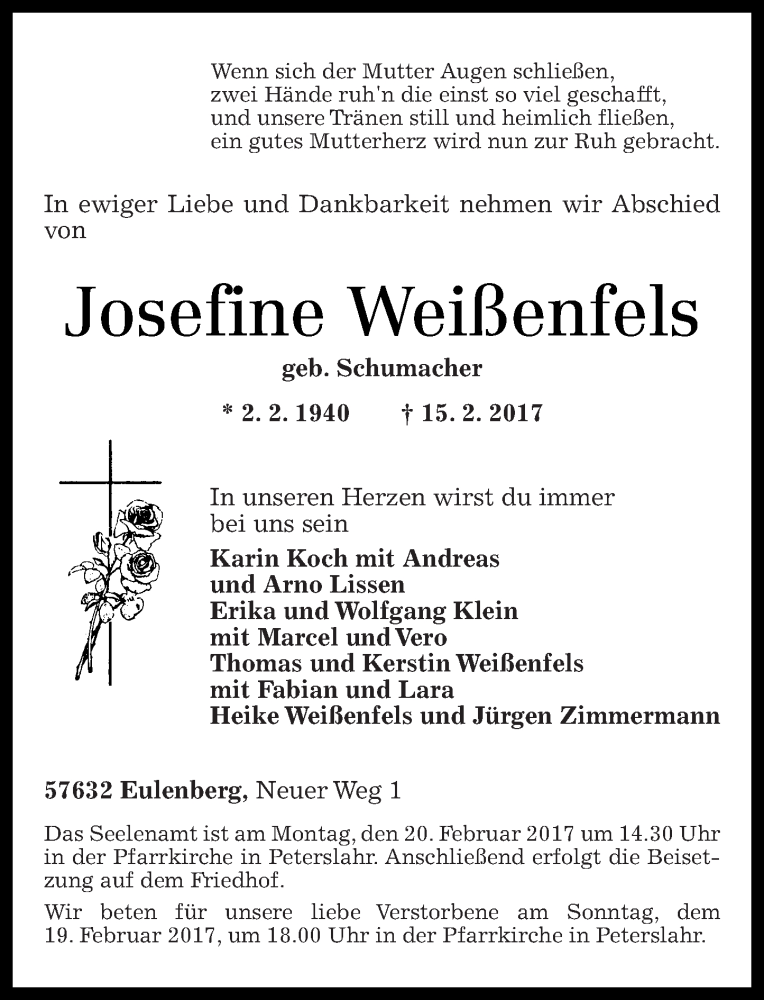  Traueranzeige für Josefine Weißenfels vom 18.02.2017 aus Rhein-Zeitung
