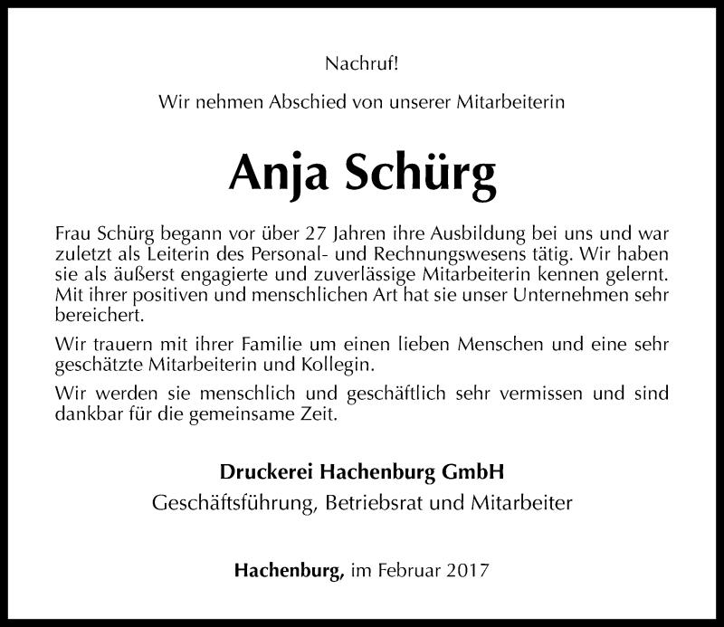  Traueranzeige für Anja Schürg vom 08.02.2017 aus Rhein-Zeitung