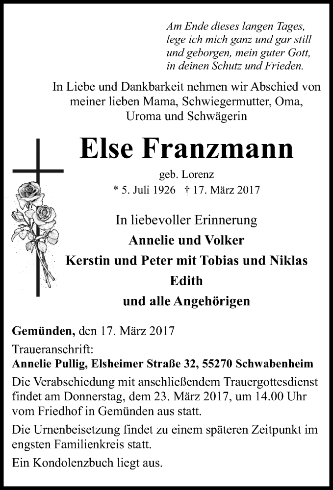  Traueranzeige für Else Franzmann vom 20.03.2017 aus Rhein-Zeitung