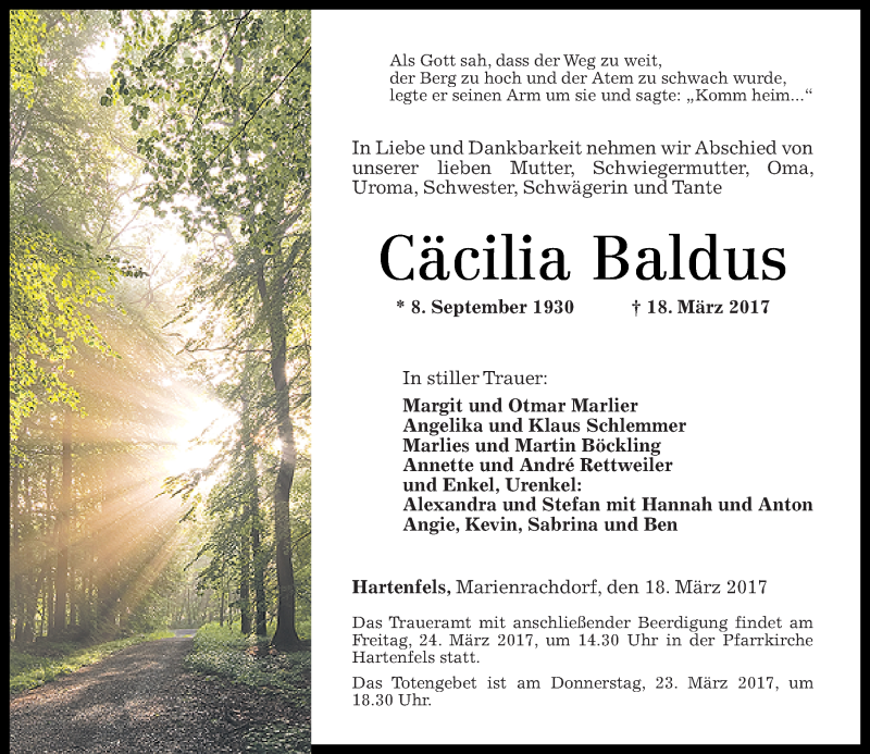  Traueranzeige für Cäcilia Baldus vom 22.03.2017 aus Westerwälder Zeitung