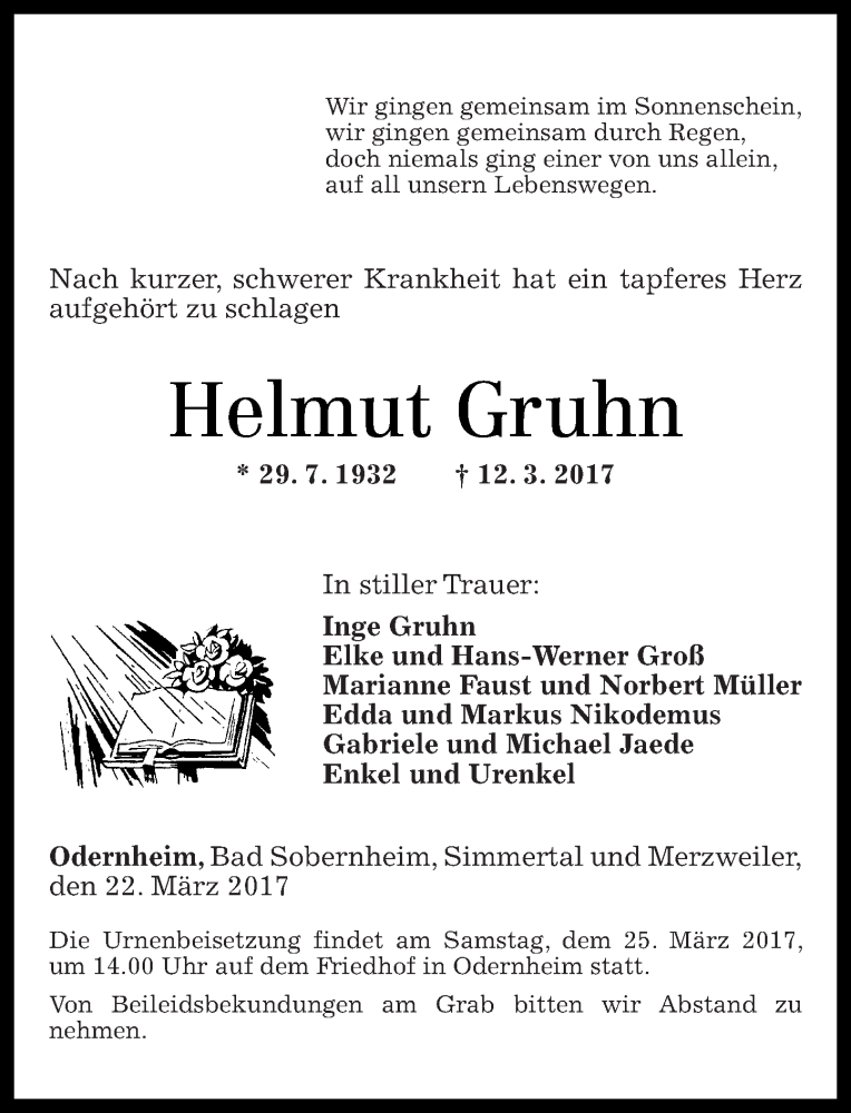  Traueranzeige für Helmut Gruhn vom 22.03.2017 aus Oeffentlicher Anzeiger