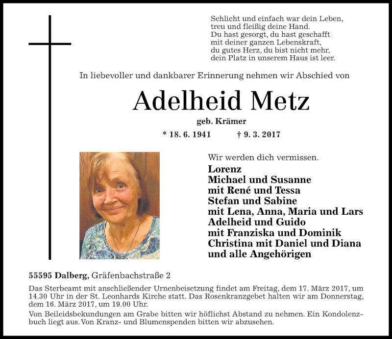  Traueranzeige für Adelheid Metz vom 14.03.2017 aus Oeffentlicher Anzeiger