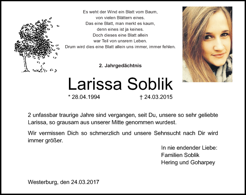  Traueranzeige für Larissa Soblik vom 24.03.2017 aus Westerwälder Zeitung