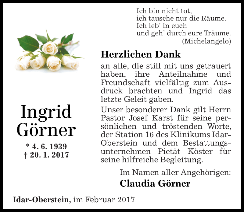  Traueranzeige für Ingrid Görner vom 04.03.2017 aus Nahe-Zeitung