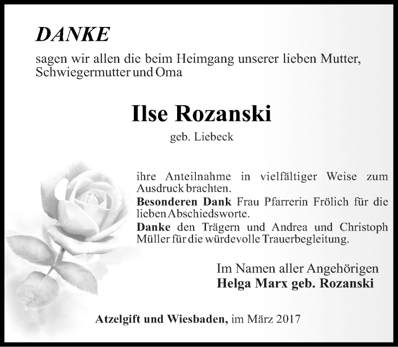  Traueranzeige für Ilse Rozanski vom 18.03.2017 aus Westerwälder Zeitung
