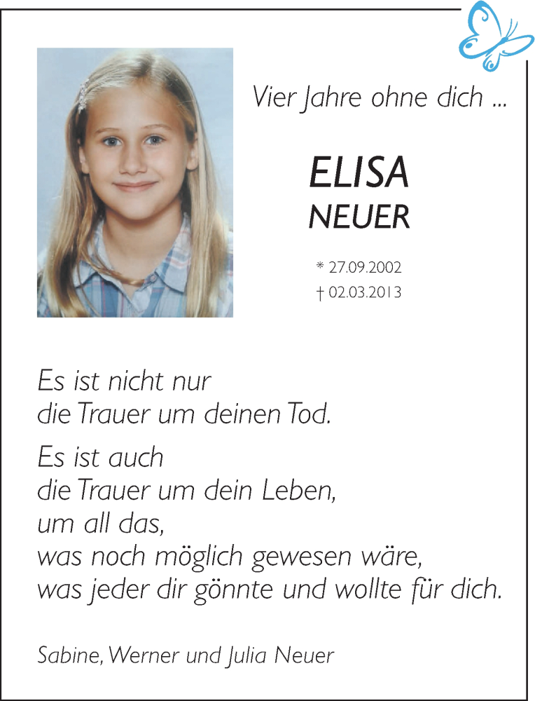  Traueranzeige für Elisa Neuer vom 04.03.2017 aus Rhein-Zeitung