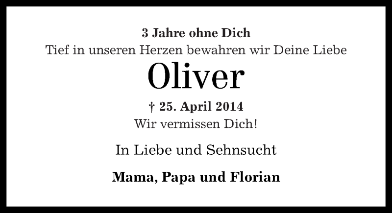  Traueranzeige für Oliver Tönges vom 29.04.2017 aus Rhein-Zeitung
