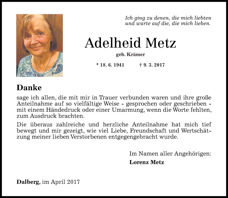  Traueranzeige für Adelheid Metz vom 15.04.2017 aus Rhein-Zeitung
