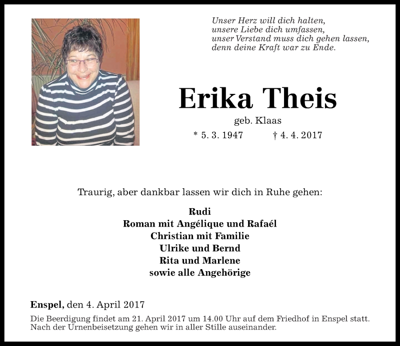  Traueranzeige für Erika Theis vom 19.04.2017 aus Westerwälder Zeitung