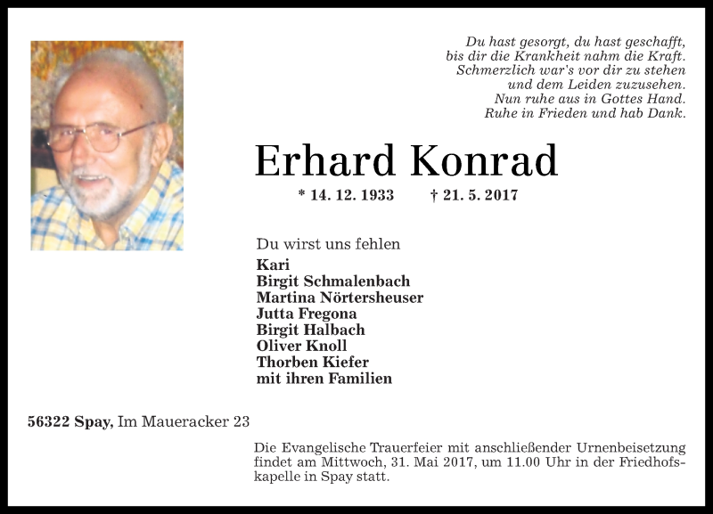  Traueranzeige für Erhard Konrad vom 27.05.2017 aus Rhein-Zeitung
