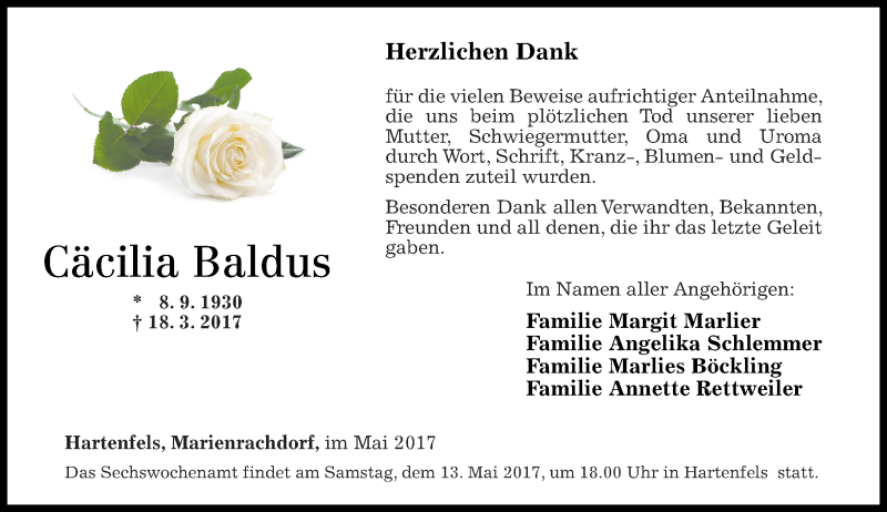  Traueranzeige für Cäcilia Baldus vom 10.05.2017 aus Westerwälder Zeitung