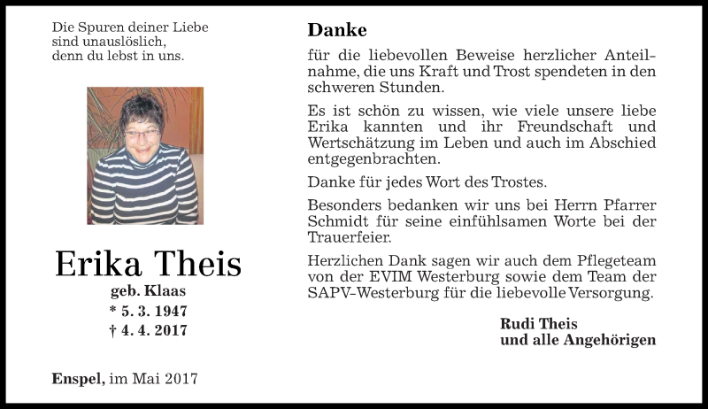  Traueranzeige für Erika Theis vom 13.05.2017 aus Westerwälder Zeitung