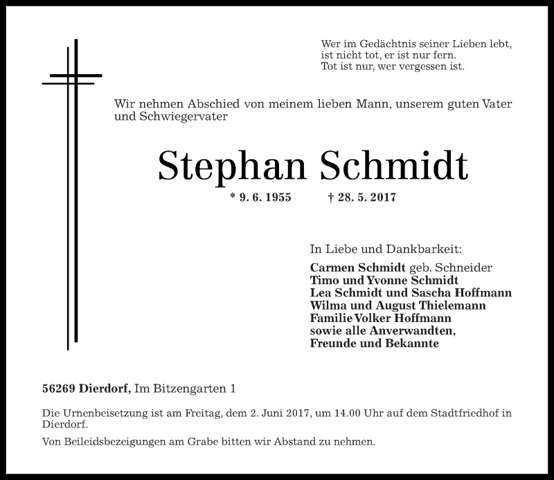  Traueranzeige für Stephan Schmidt vom 30.05.2017 aus Rhein-Zeitung
