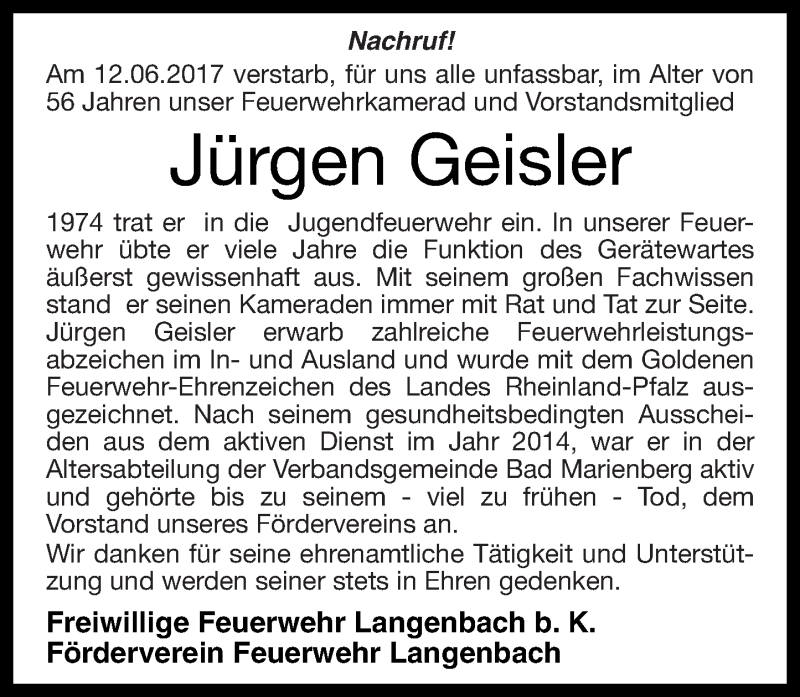  Traueranzeige für Jürgen Geisler vom 20.06.2017 aus Westerwälder Zeitung