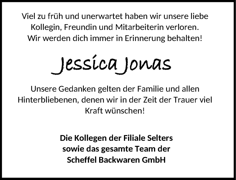  Traueranzeige für Jessica Jonas vom 16.06.2017 aus Rhein-Zeitung