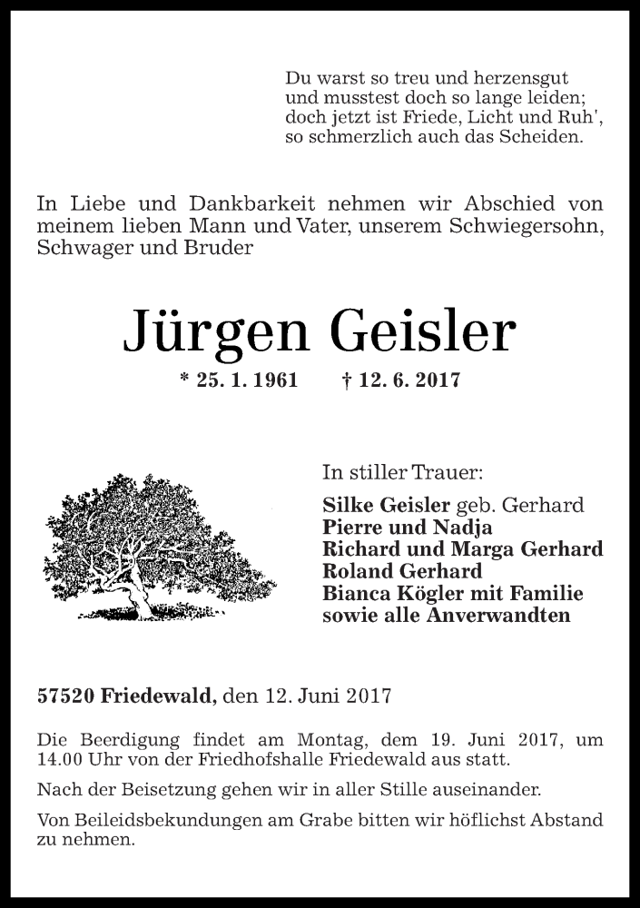  Traueranzeige für Jürgen Geisler vom 16.06.2017 aus Rhein-Zeitung