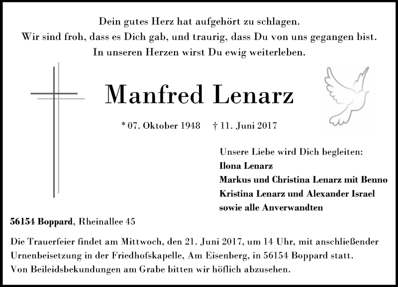  Traueranzeige für Manfred Lenarz vom 16.06.2017 aus Rhein-Zeitung