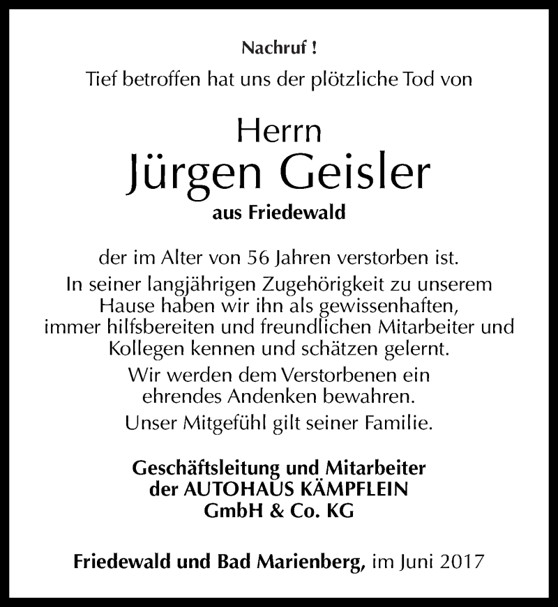  Traueranzeige für Jürgen Geisler vom 20.06.2017 aus Rhein-Zeitung