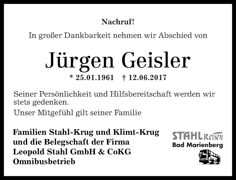  Traueranzeige für Jürgen Geisler vom 16.06.2017 aus Rhein-Zeitung